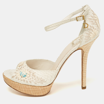 Pre-owned Dior White Python Floral Embroidered Raffia Platform Ankle Strap Sandals Size 38.5