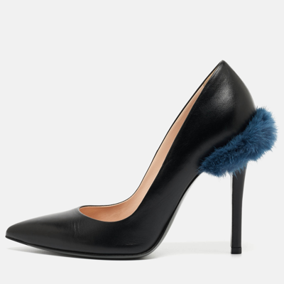 Pre-owned Fendi Black Leather And Mink Fur Trim Pointed Toe Pumps Size 36