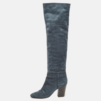 Pre-owned Giuseppe Zanotti Navy Blue Nubuck Leather Block Heel Knee Boots Size 41