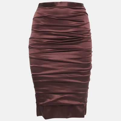 Pre-owned Dolce & Gabbana Burgundy Satin Silk Ruched Midi Skirt S