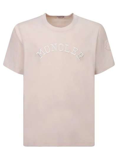 Moncler Embroidered Logo Taupe T-shirt In Beige