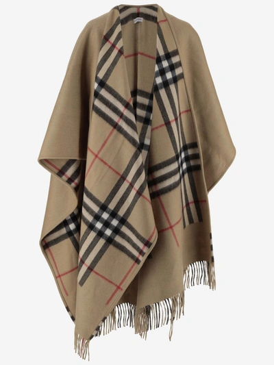 Burberry Cashmere Blend Cape With Check Pattern In Beige