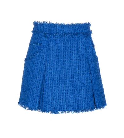 Balmain Tweed Pleated Flare Mini Skirt In Blue