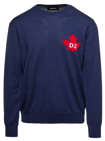 Dsquared2 Blue Long Sleeved Pullover With D2 Logo Print In Wool Man