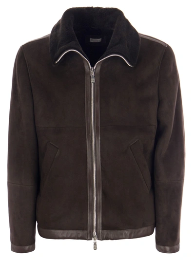 Brunello Cucinelli Pilot Jacket In Suede Shearling In Brown