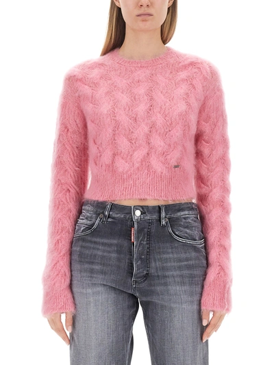 Dsquared2 3d Cable Knit Mohair Crop Jumper In Pink