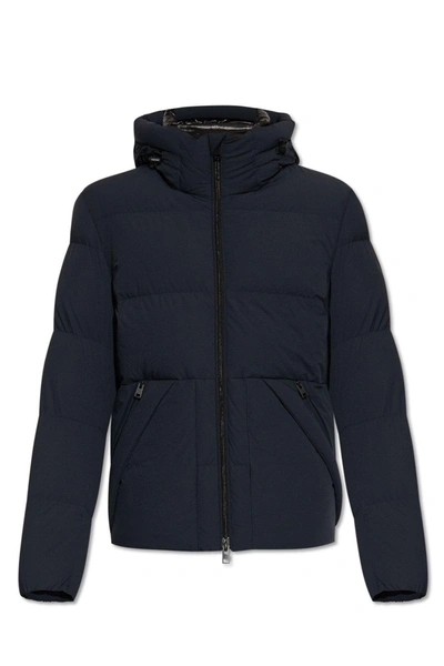 Woolrich Logo Patch Hooded Down Jacket In Melton Blue