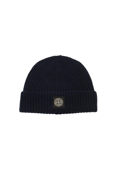 Stone Island Logo Patch Knitted Beanie In Navy Blue
