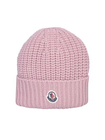 Moncler Pink Wool Beanie With Logo Patch