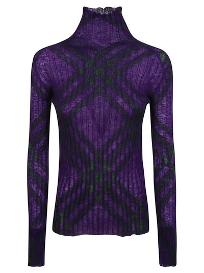 Burberry Checked Ribbed Mohair-blend Turtleneck Sweater In Purple