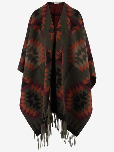 Woolrich Wool Blend Cape With Geometric Pattern In Red