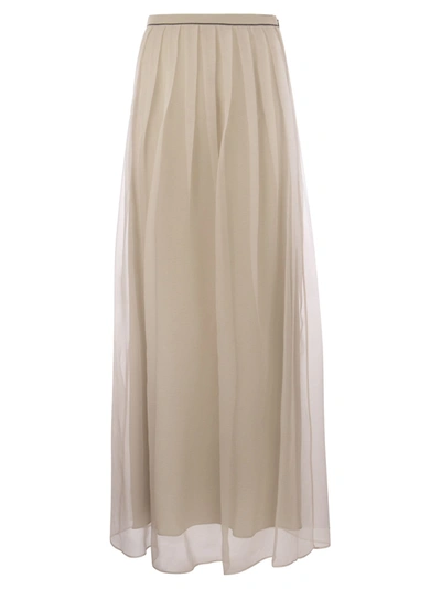 Brunello Cucinelli Crispy Silk Pleated Midi Skirt With Shiny Waistband In Sand