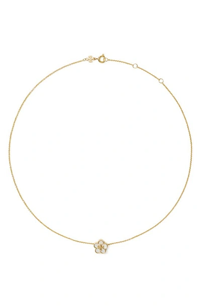 Tory Burch Kira Mother Of Pearl Flower Pendant Necklace In 18k Gold Plated, 16.6-18.2 In White/gold