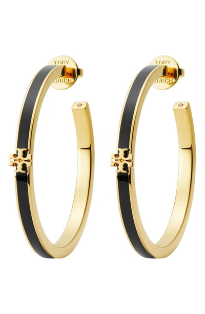Tory Burch Kira Enamel Hoop Earrings In Tory Gold / Black