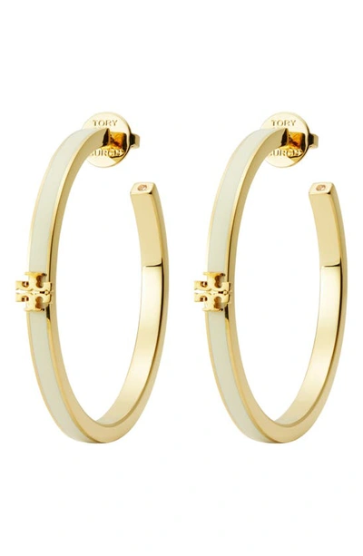 Tory Burch Kira Enamel Hoop Earrings In Tory Gold/new Ivory
