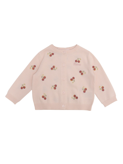 Bonpoint Kids' Cherry Embroidered Cotton Knit Cardigan In Pink