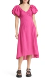 Frame Puff Sleeve Cotton Midi Dress In Fuchsia