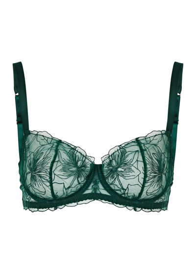 Fleur Of England Eva Floral-embroidered Underwired Bra In Dark Green