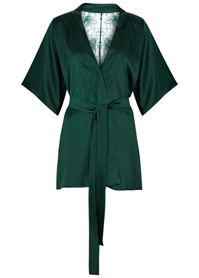 Fleur Of England Eva Silk-blend Satin Robe In Dark Green