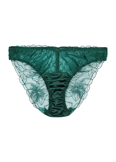 Fleur Of England Eva Floral-embroidered Tulle Briefs In Dark Green