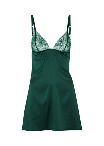 Fleur Of England Eva Tulle And Silk-blend Satin Chemise In Dark Green