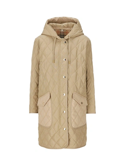 Burberry Quilted Shell And Gabardine Hooded Coat In Beige