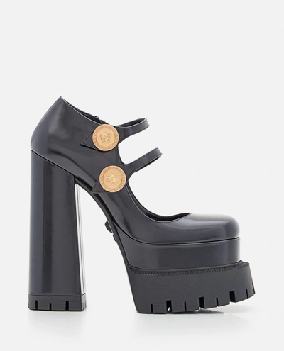 Versace Mary Jane Leather Platform Heels In Black