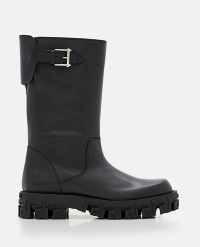 Versace Belted Leather Boots In Black