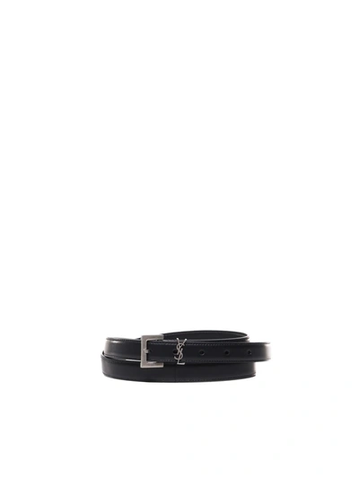 Saint Laurent Thin Cassandre Leather Belt In Black