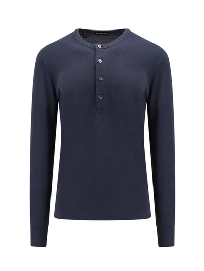 Tom Ford Henley Long Sleeve Buttoned T-shirt In Blue