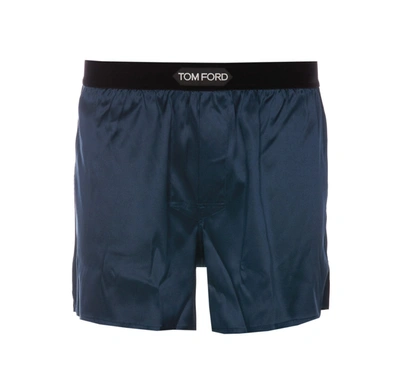 Tom Ford Logo Silk Shorts In Blue
