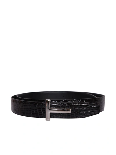 Tom Ford Crocodile Skin Effect Black Belt In Brown