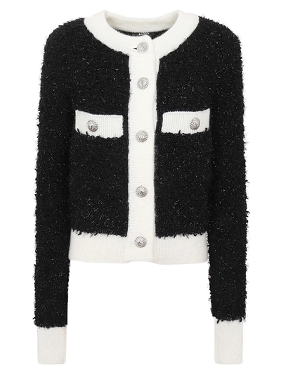 Balmain Buttoned Furry Tweed Cardigan In Eer Noir Naturel