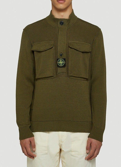 Stone Island Logo Patch Half Buttoned Jumper In Green