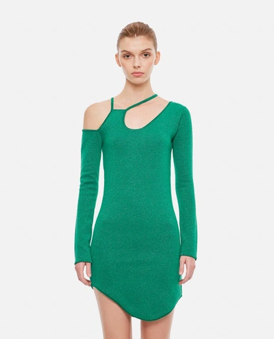 Jw Anderson Asymmetric Cutout Metallic Knitted Mini Dress In Emerald