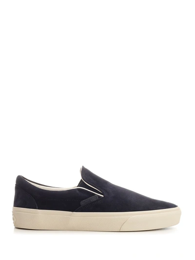 Tom Ford Blue Suede Slip On In Navy/cream