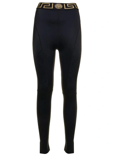 VERSACE BLACK STRETCH FABRIC LEGGINGS WITH GRECA DETAIL VERSACE WOMAN