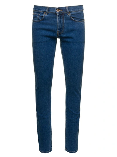 Versace Blue Fitted Jeans With Logo Embroidered And Botton In Cotton Blend Denim Woman In Black