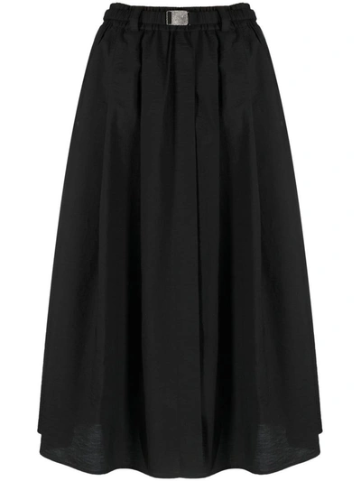 Brunello Cucinelli Skirt In Light Embossed Stretch Cotton With Small Pleats And Belt At The Waist In Black