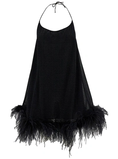 OSEREE MINI BLACK DRESS WITH HALTERNECK AND FEATHERS IN POLYAMIDE BLEND WOMAN