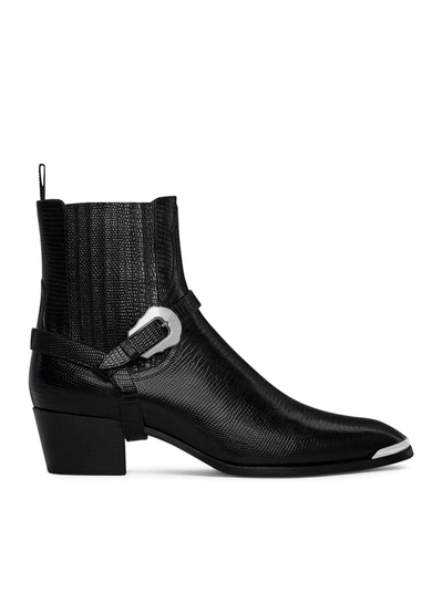 Celine Men Isaac Western Chelsea Boot With Harness And Metal Toe In Calfskin With Tejus Print Black