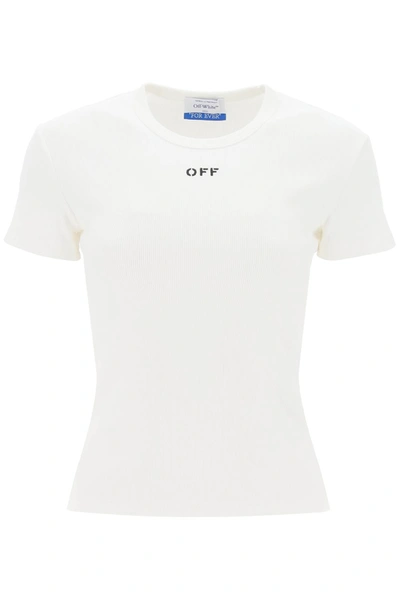 OFF-WHITE OFF-WHITE RIBBED T-SHIRT WITH OFF EMBROIDERY WOMEN