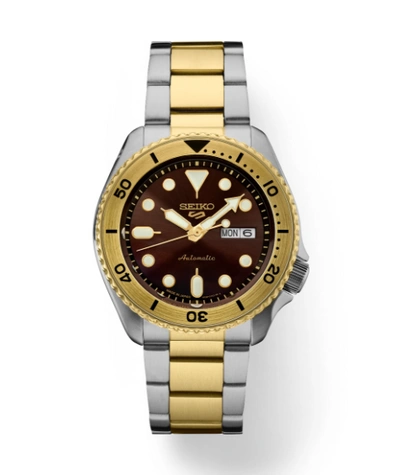 Pre-owned Seiko 5 Sports U.s. Special Creation Brown Dial Gold Bezel Men's Watch Srpk24