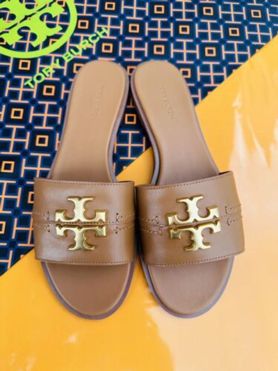 Pre-owned Tory Burch Everly Slide Sandals Calf Leather Gold Logo Tan Color Many Sizes