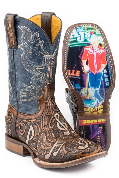 Pre-owned Tin Haul Mens Navy/brown Leather Country Sound Cowboy Boots