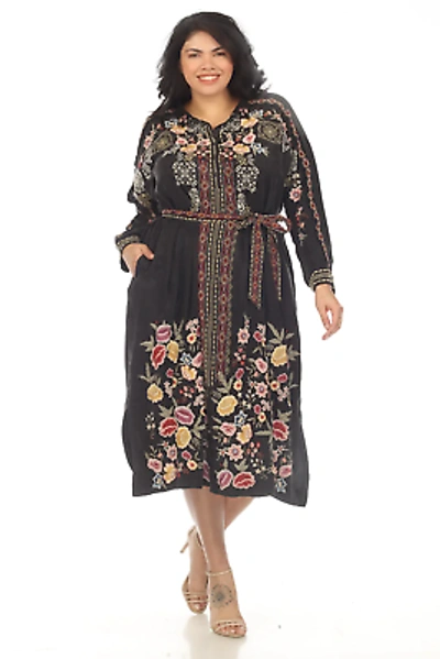 Pre-owned Johnny Was Biya Black Fairlie Embroidered Belted Midi Slip Dress Plus Size B3792 In Multicolor