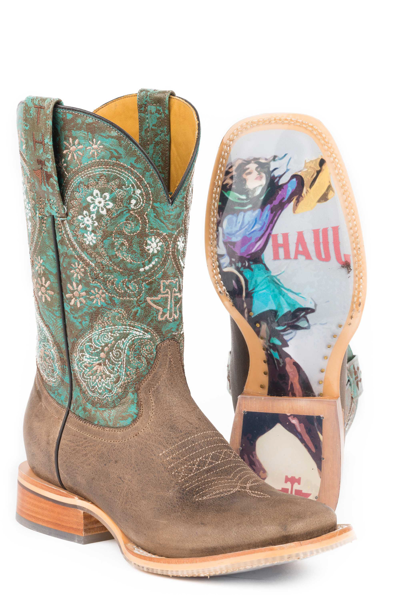 Pre-owned Tin Haul Womens Brown/tq Leather Ban-dan-uh Cowboy Boots