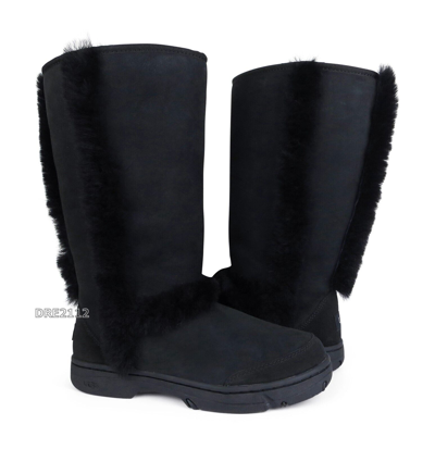Pre-owned Ugg Sunburst Tall Black Suede Fur Boots Size 7 -nib-