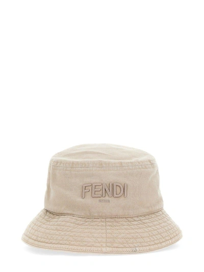 Fendi Logo Embroidered Bucket Hat In Beige