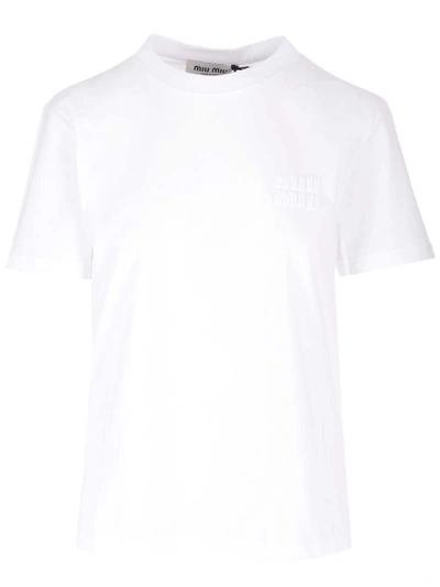 Miu Miu Logo Patch Crewneck T-shirt In Bianco